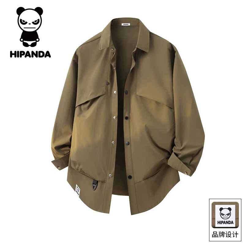 HiPanda你好熊猫潮流复古长袖衬衫男士秋季休闲宽松百搭衬衣外套