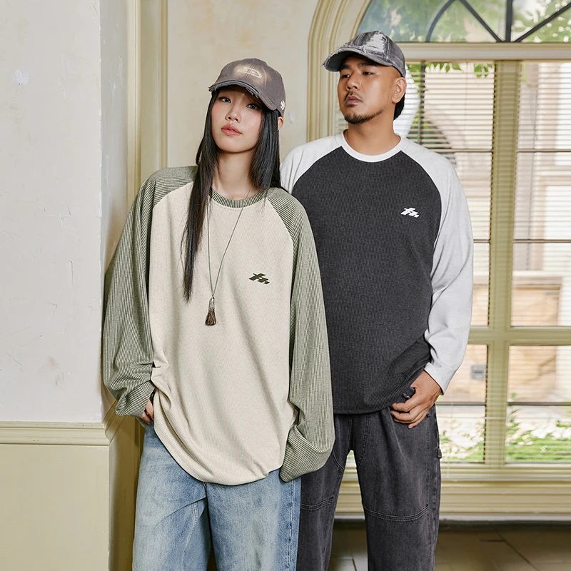 NMAX大码潮牌男装25年秋新品拼色插肩袖长袖T恤加肥加大FNT137