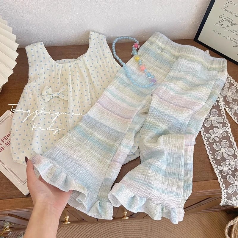 女童韩系洋气彩色花边休闲裤2025夏季新款儿童时髦百搭薄款阔腿裤