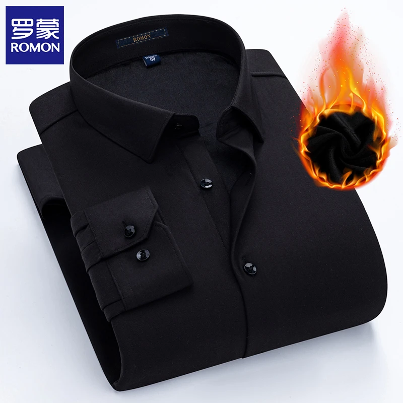 罗蒙正品秋冬新款加绒加厚保暖衬衫男商务休闲弹力宽松男士黑衬衣