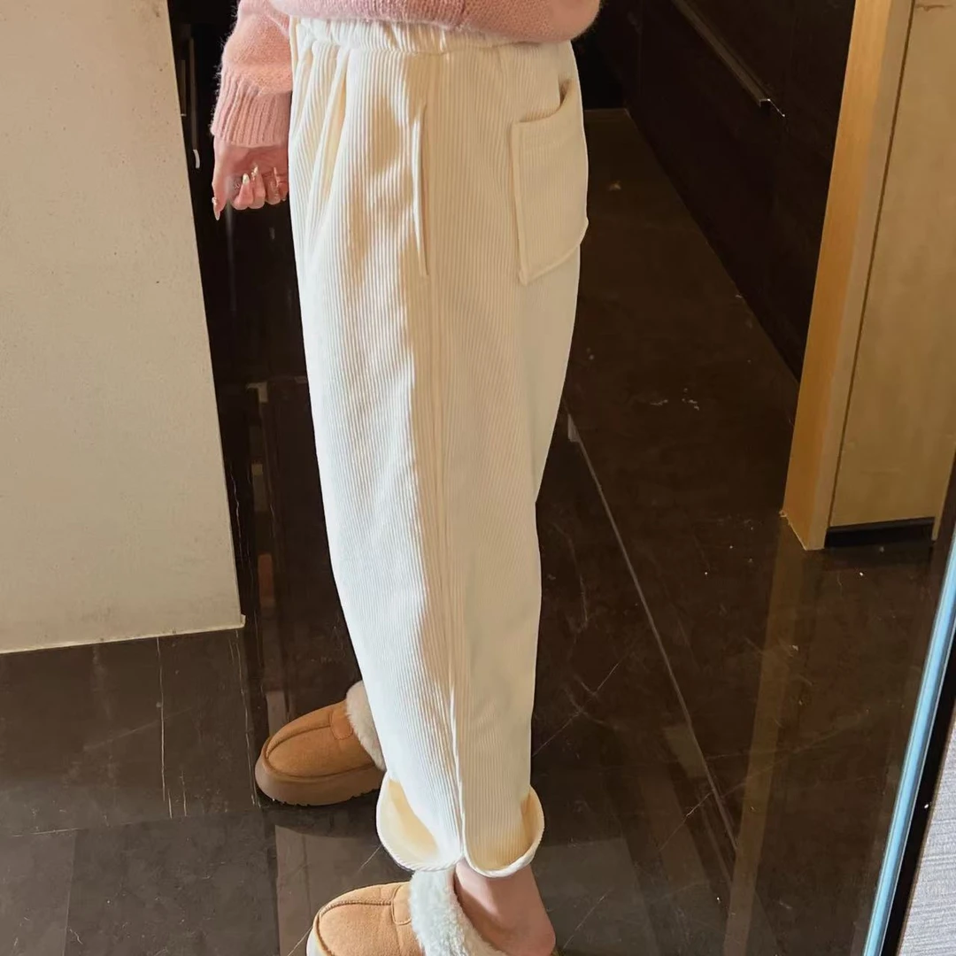 xxxwxz王希之  米色竖条绒抽绳圆弧裤脚保暖休闲裤#12973