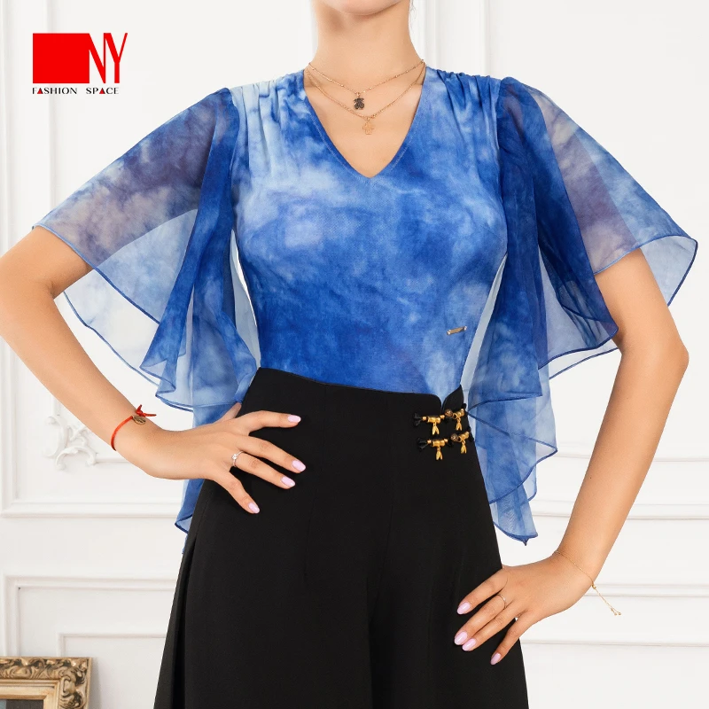 NY25238S纳艺练习服上衣摩登交谊舞连体女上衣V领短袖飘逸练功服