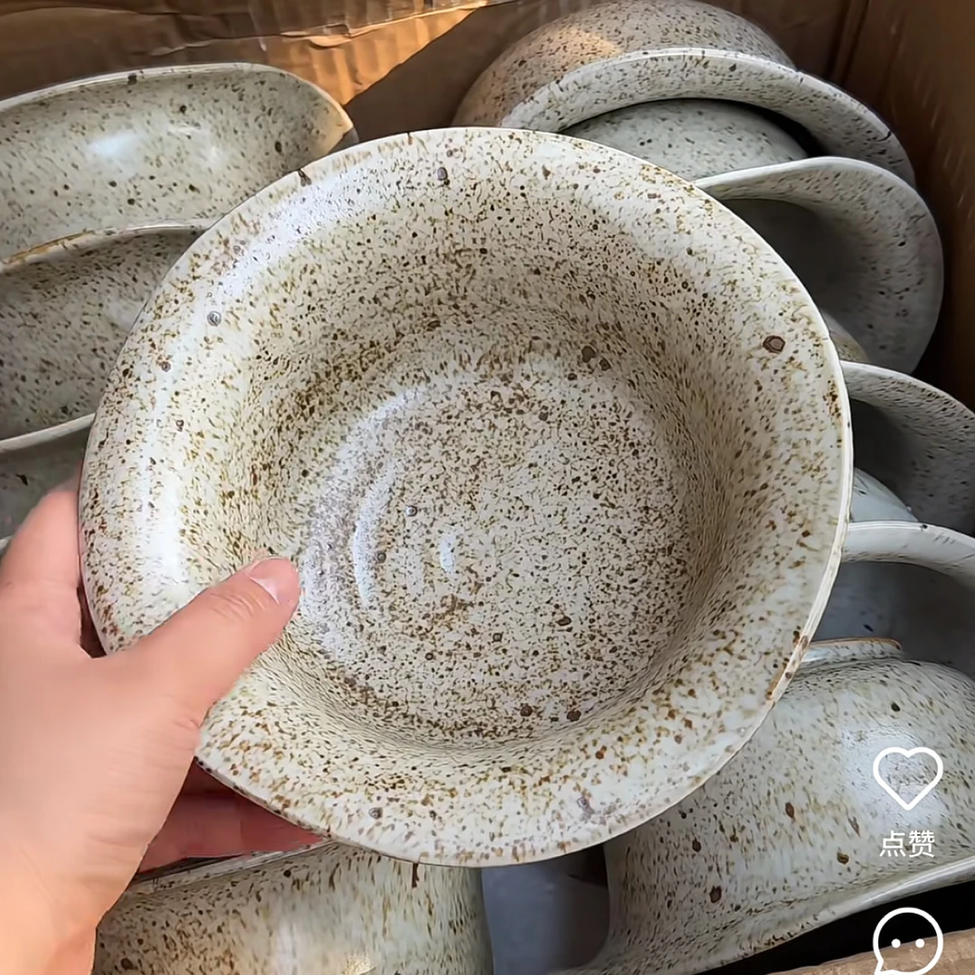 大美陶瓷 |景德镇粗陶8寸粉引白汤碗沙拉水果捞面汤盘