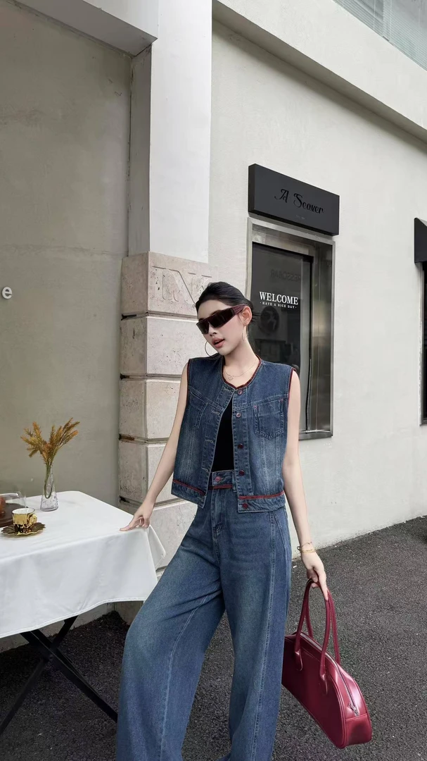 2025早秋高腰显瘦牛仔裤圆领马甲外套休闲显瘦百搭不挑身型