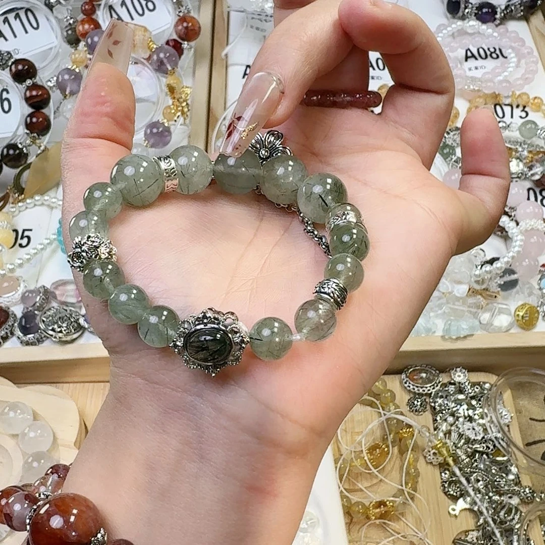 烟晶手链银S925镶嵌绿发