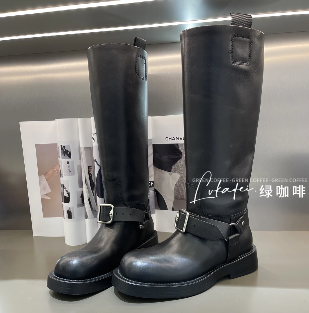 Green coffee绿咖啡/921-1机车风方头重金属设计时装英伦高筒靴