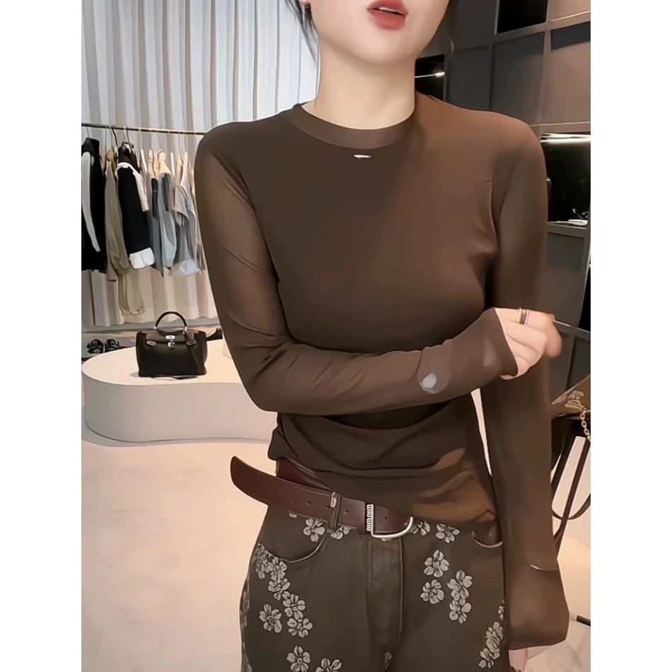 琥珀网纱」人手必入两件~秋款圆领设计感时尚百搭显瘦上衣女（长60