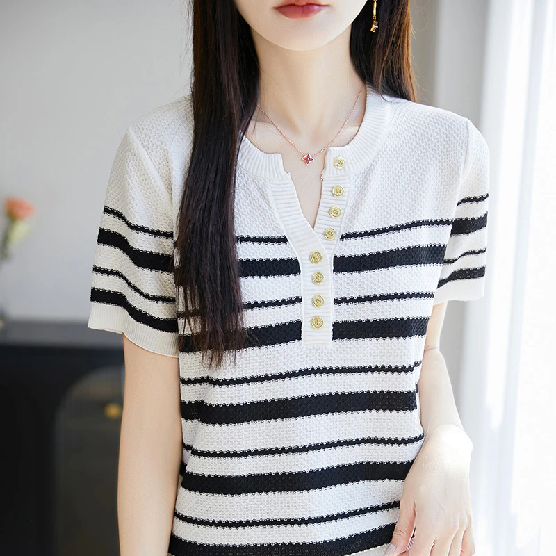 哥弟阿玛施正品洋气冰丝短袖夏季修身显瘦韩版T恤宽松短袖条纹V领