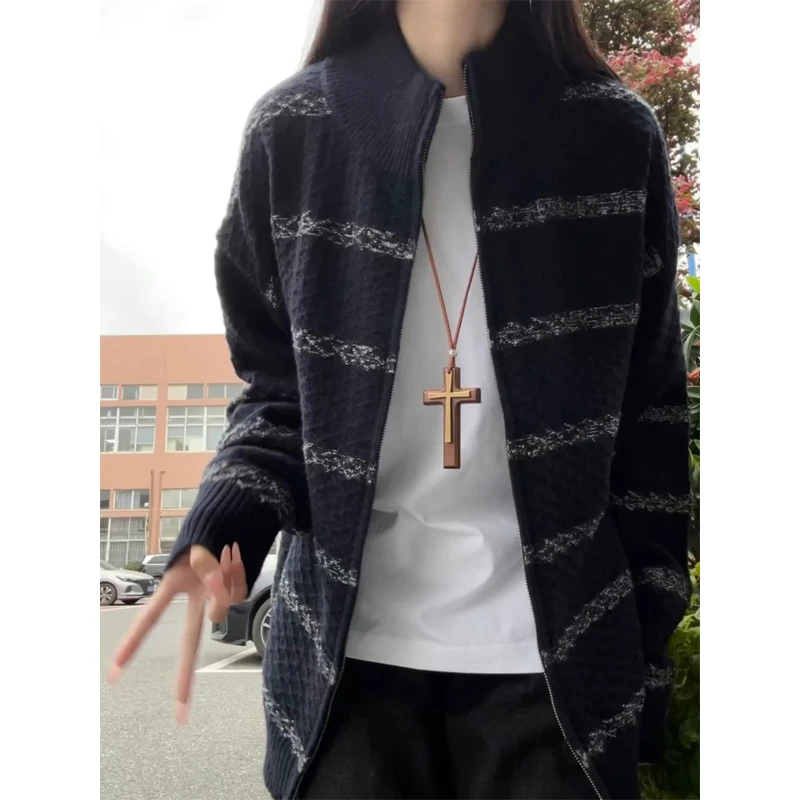 美式复古开衫毛衣男秋冬菱形格立领针织衫高级感痞帅毛线保暖外套