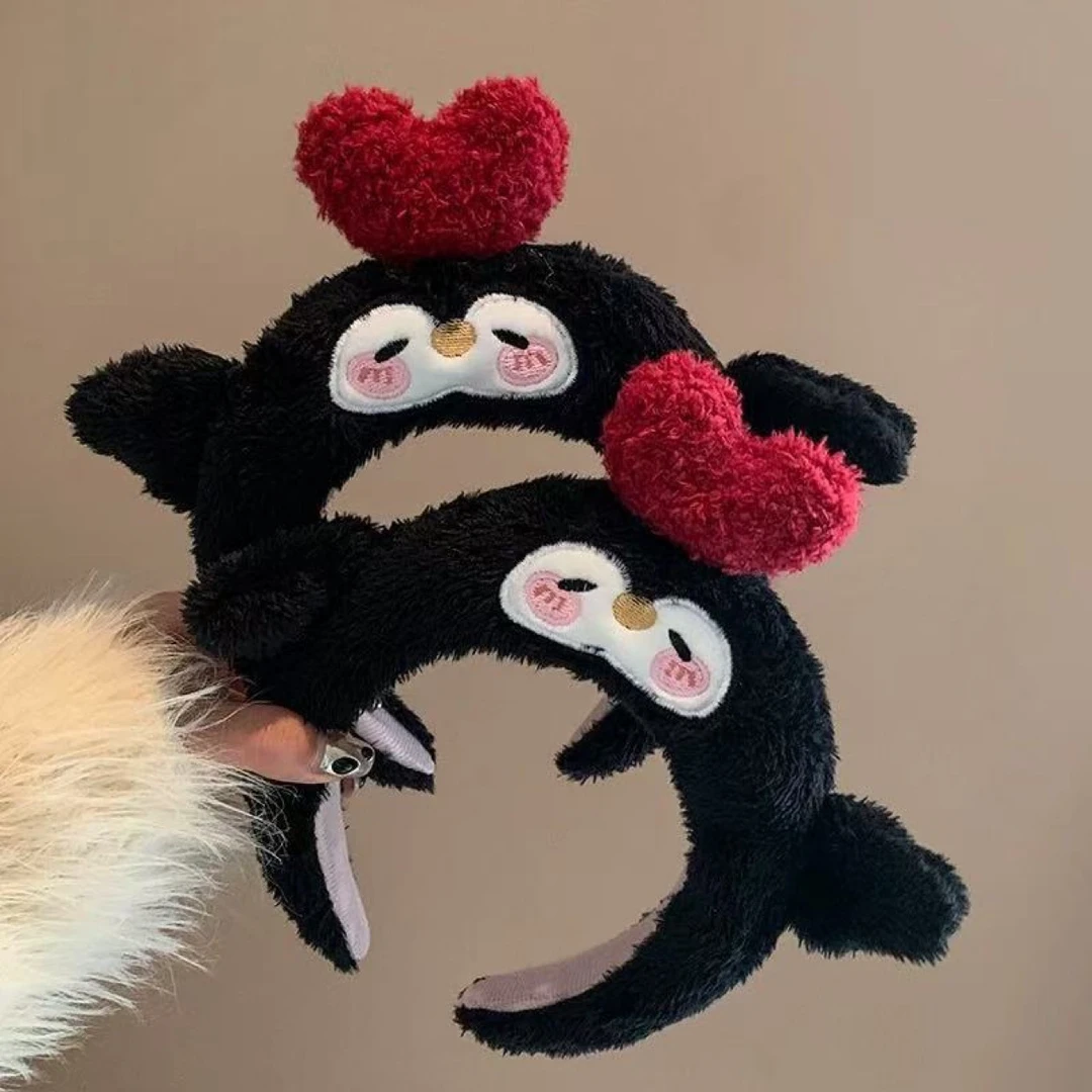 可爱爱心黑色企鹅毛绒发箍女卡通洗脸化妆压发敷面膜发饰头箍