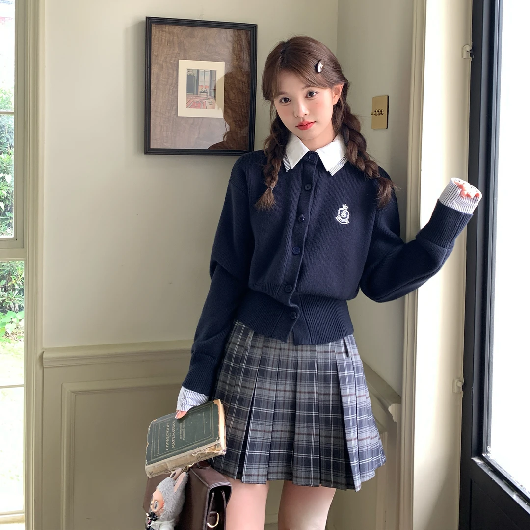 东京岁时记jk秋冬藏青色假两件针织开衫小个子学院风毛衣上衣女