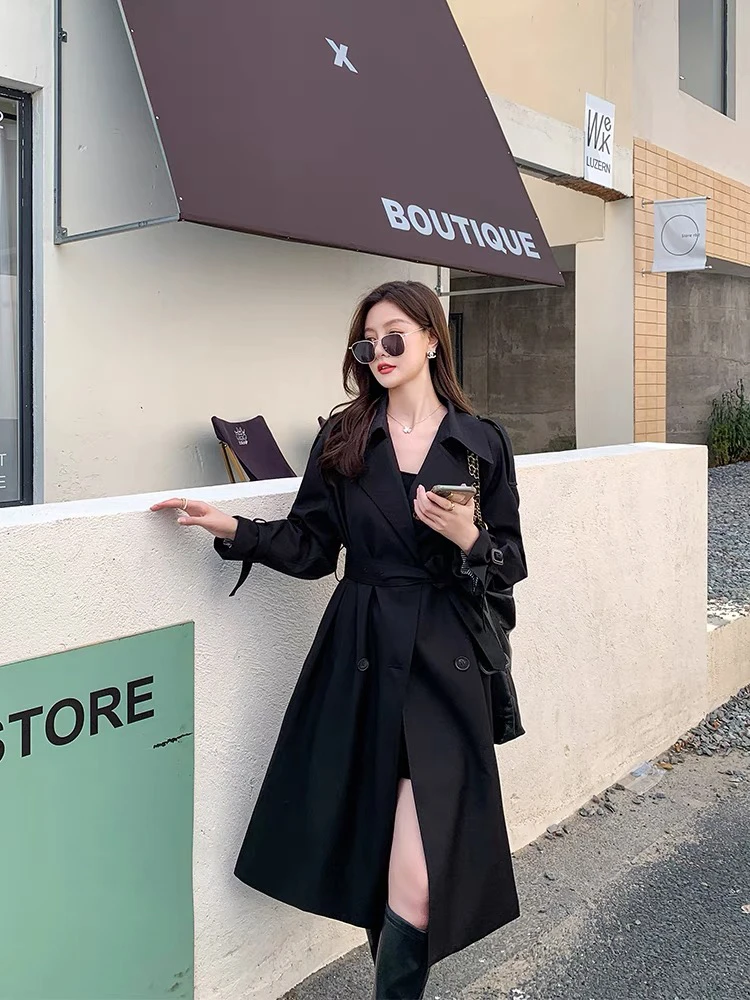 高端黑色加厚风衣外套女中长款2025春秋新款宽松简约系带气质大衣