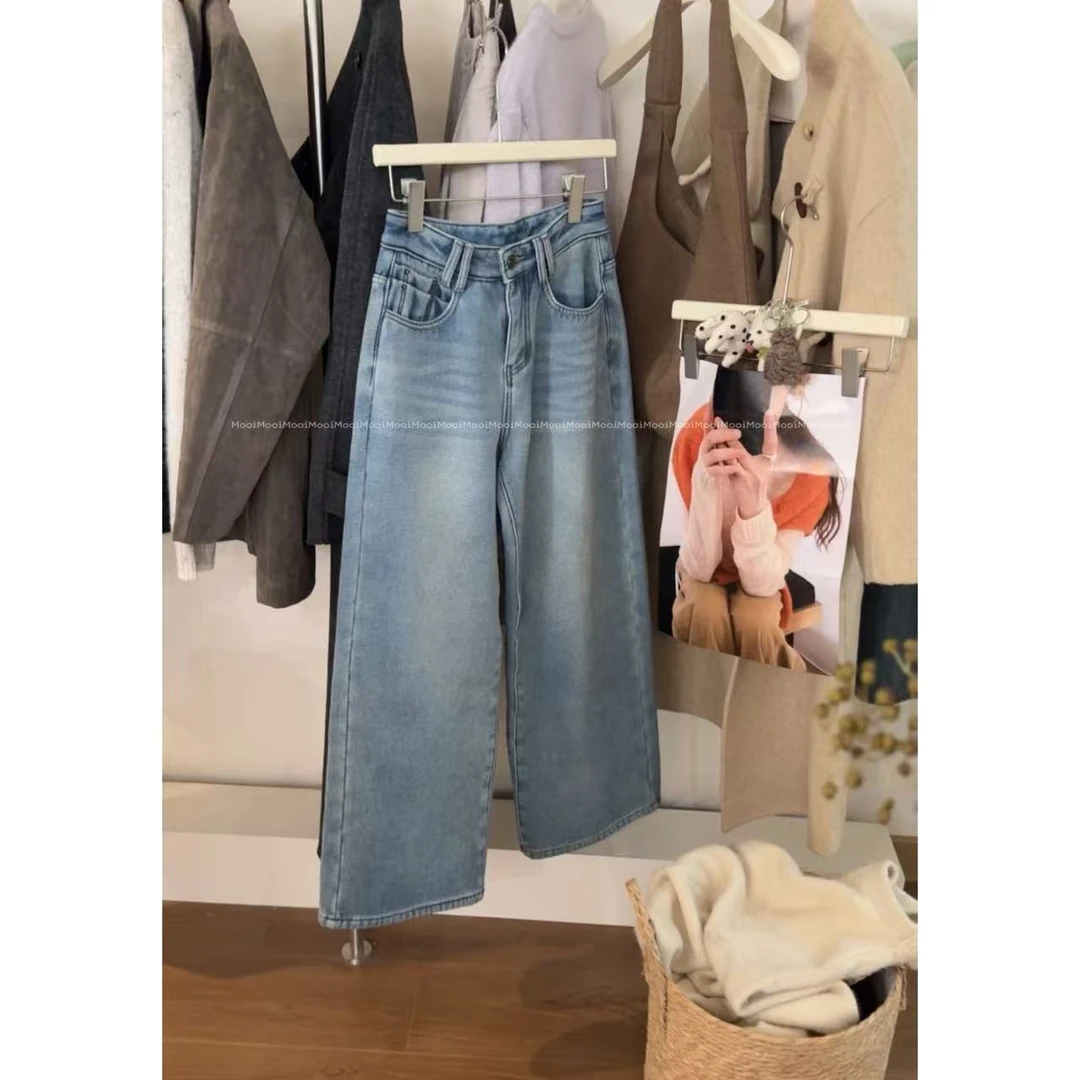 【mooi】'本命牛仔'秋冬新款韩版ins风设计感加绒中腰直筒牛仔裤