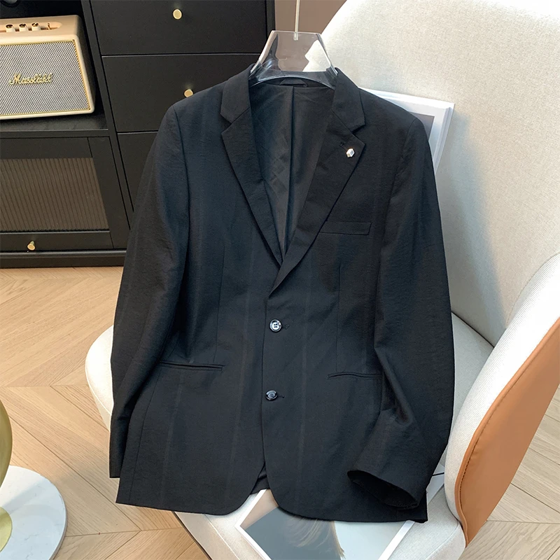 撤柜男装商务时尚黑色条纹西服2025春秋季简约休闲两粒单排扣单西
