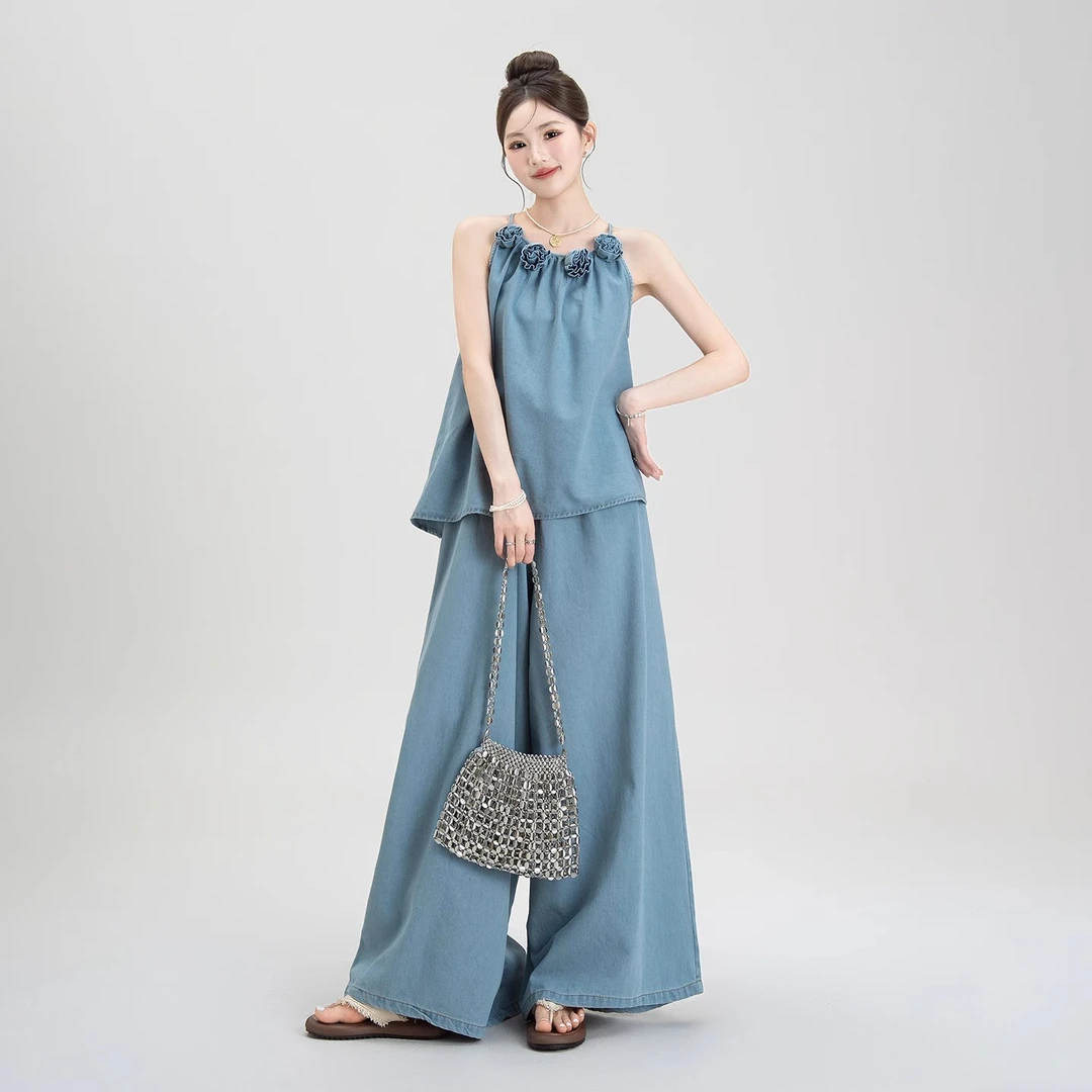 夏季新款时尚立体花朵无袖吊带背心休闲宽松显瘦牛仔阔腿裤套装女