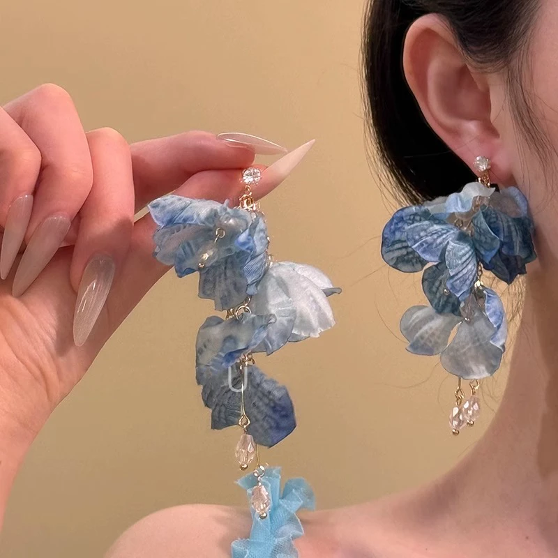 露染胭脂~夏天超仙独特度假小众蓝色花朵耳钉女夸张长款显白耳环