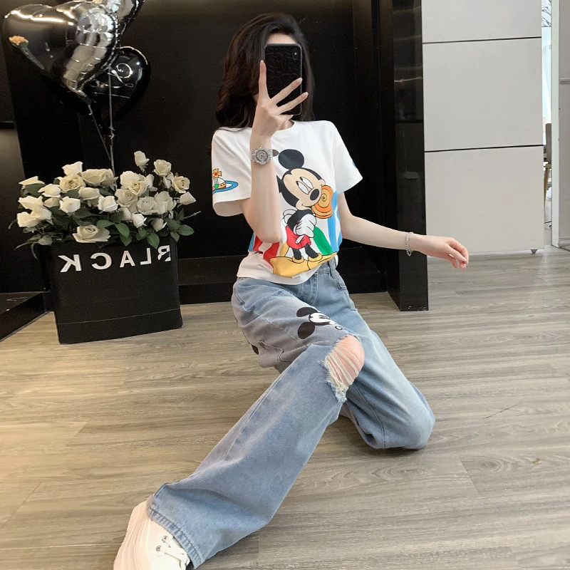 米奇超火卡通印花休闲运动套装女夏洋气短款上衣破洞牛仔裤两件套