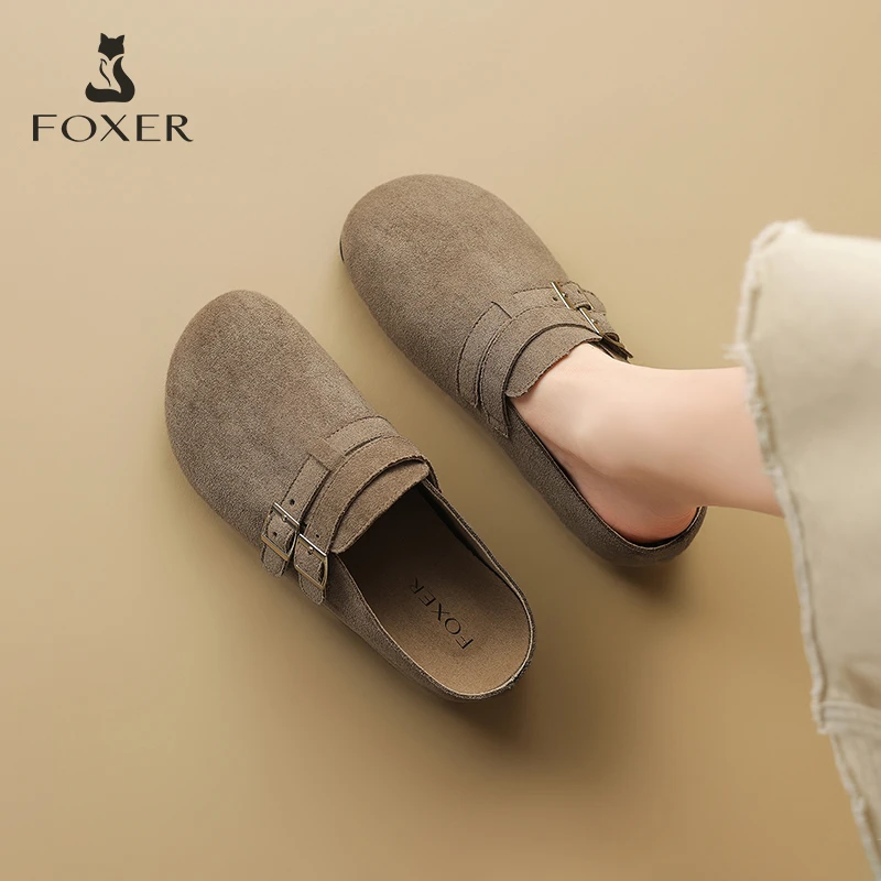 FOXER复古半拖勃肯鞋女款夏季外穿百搭一脚蹬包头懒人鞋增高拖鞋