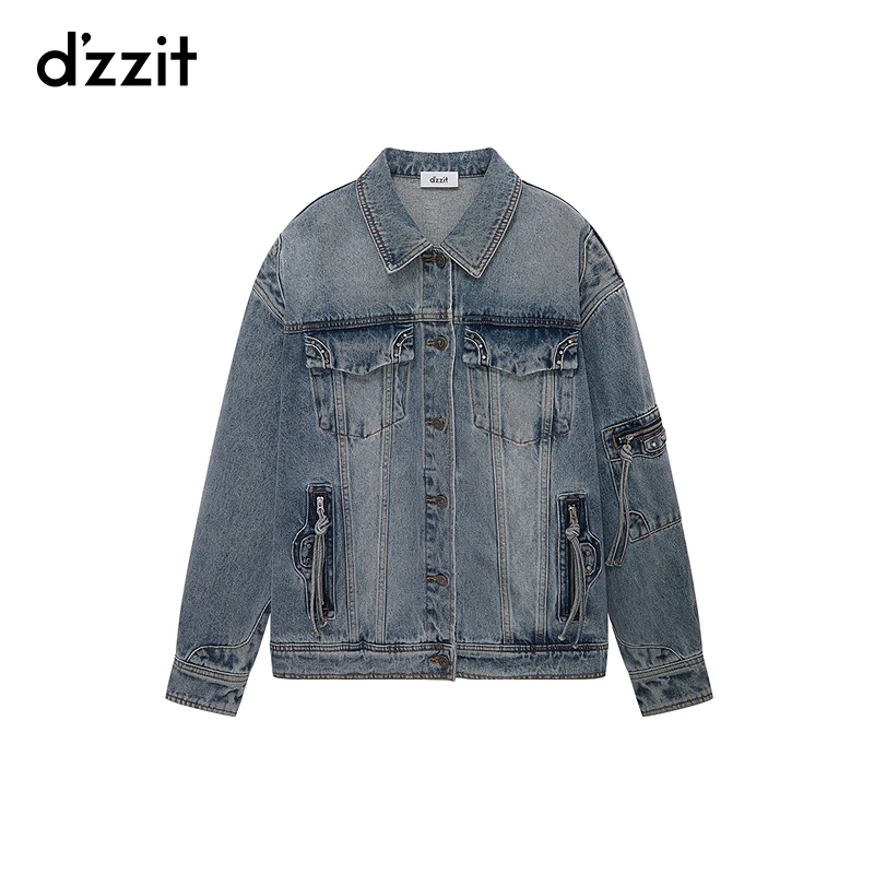 dzzit地素外套水洗做旧潮流铆钉绑带流苏装饰牛仔上衣女3I1RD11