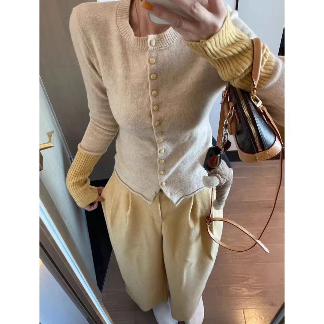 睿夕【软芙开衫】单排扣修身显瘦立领开衫假两件毛衣