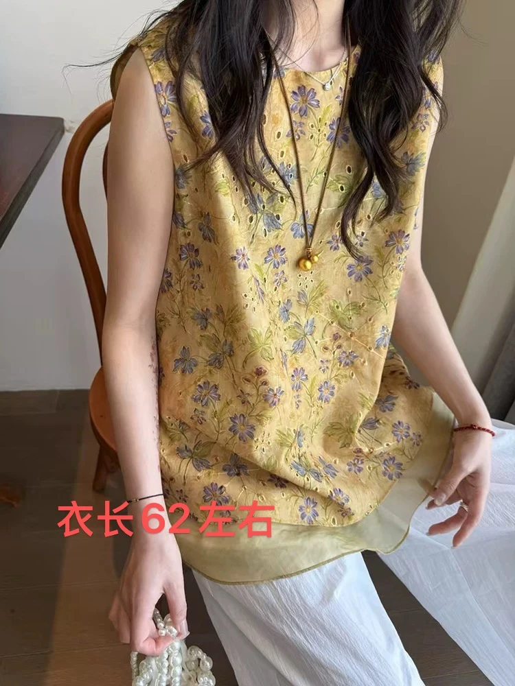一支羽2573新中式国风镂空印花网纱拼接无袖背心衬衫上衣