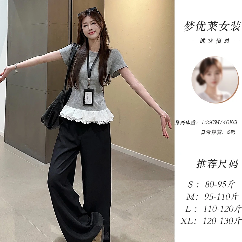 梦优莱韩系纯欲辣妹下摆蕾丝拼接短袖t恤女春季百搭显瘦圆领上衣