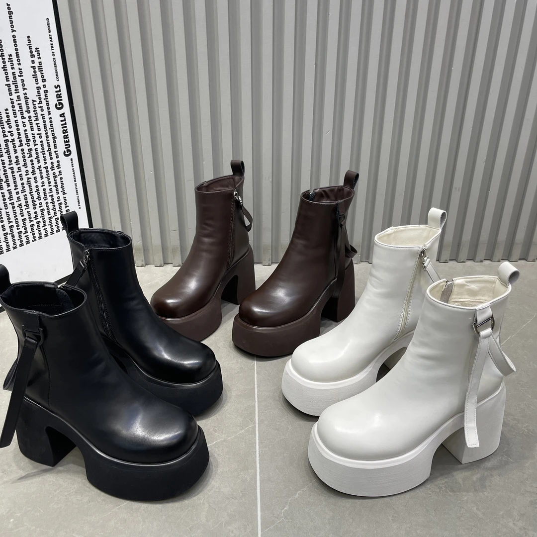 【10厘米】飘带切尔西靴女厚粗跟侧拉链超高跟轻底马丁靴短筒英伦风