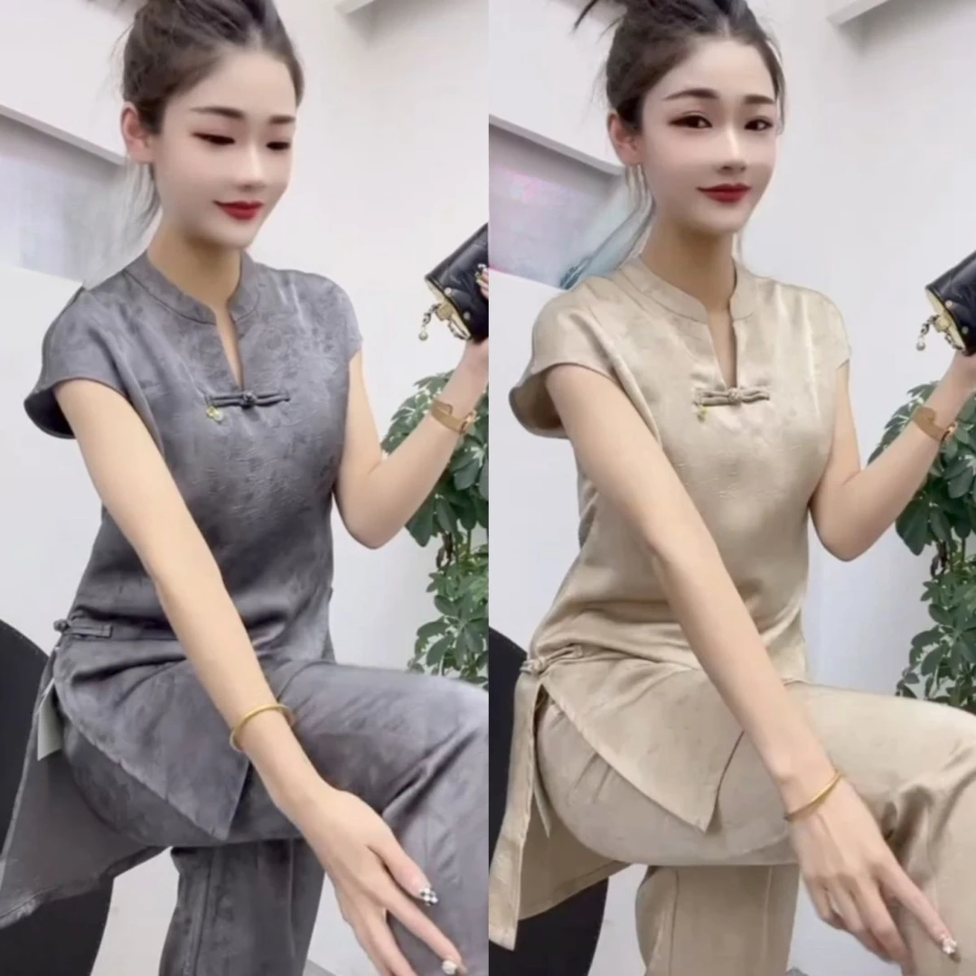 2025新中式时尚套装夏季新爆款国风色气质无袖上衣九分裤设计感