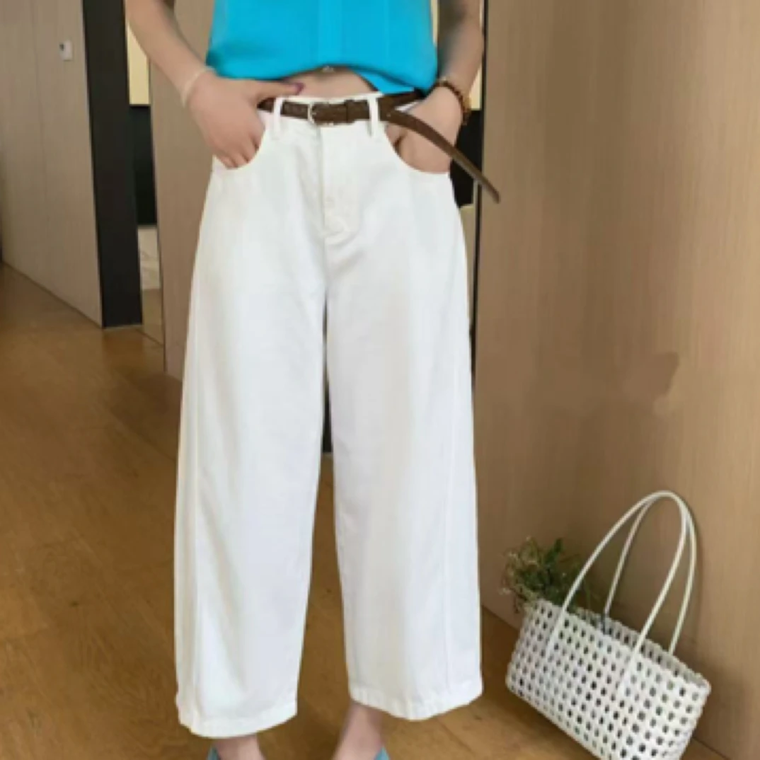 做旧极简风夏季女高腰薄款牛仔裤短裤韩版白色阔腿裤纯色直筒