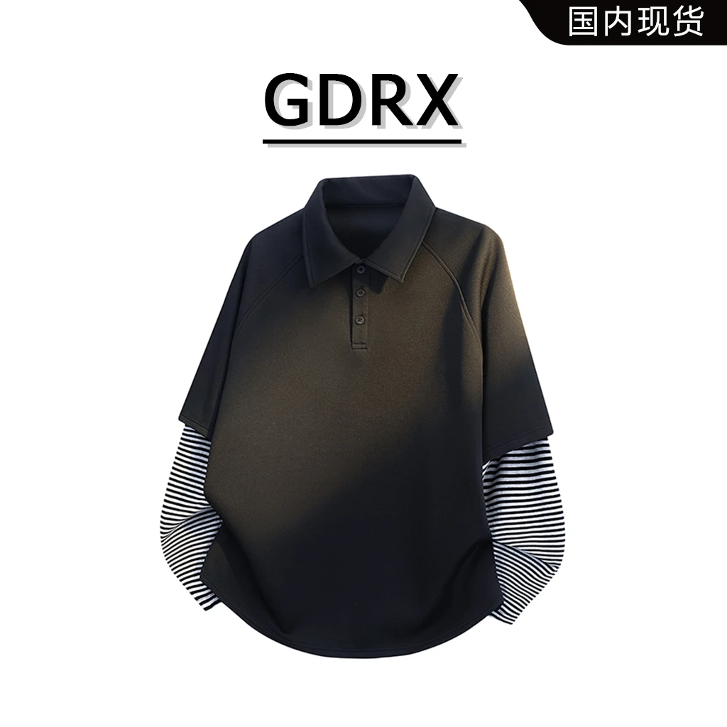 GDRX美式翻领假两件男士卫衣2025春季新款休闲百搭宽松条纹上衣