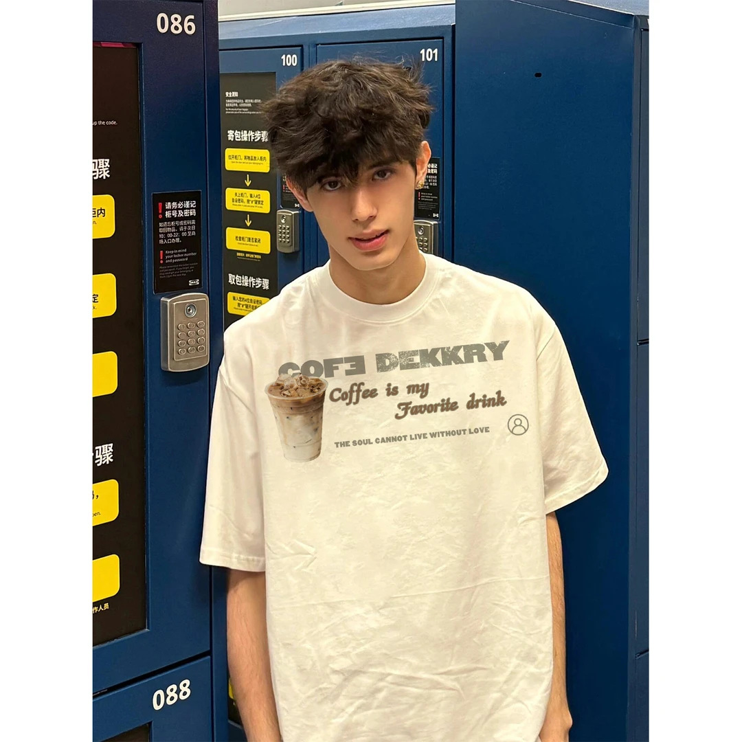 100%纯棉美式个性奶茶杯字母印花短袖T恤夏季男女休闲情侣上衣ins