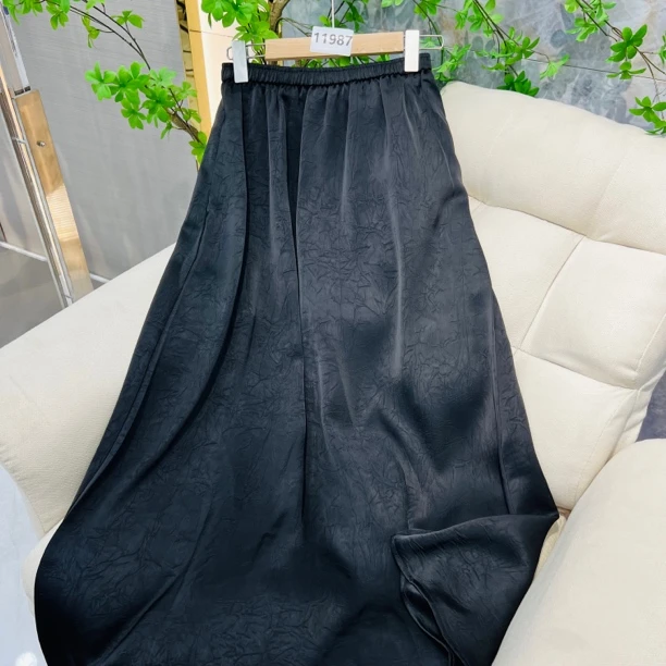 11987黑色#夏季缎面高级感中长款A字半裙