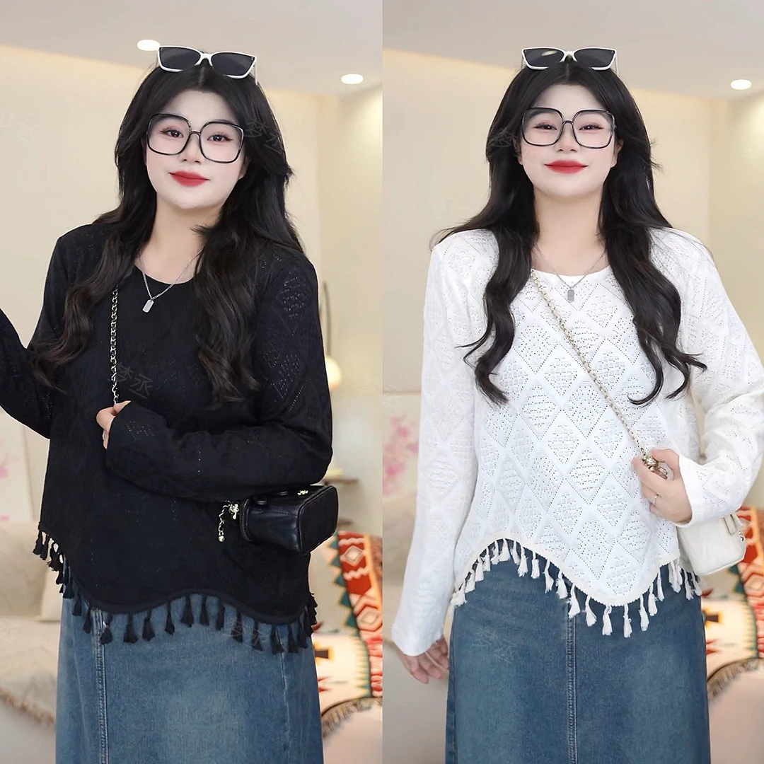 梦丞【华夫饼】时尚百搭不规则流苏显瘦设计感格子纹长袖针织上衣