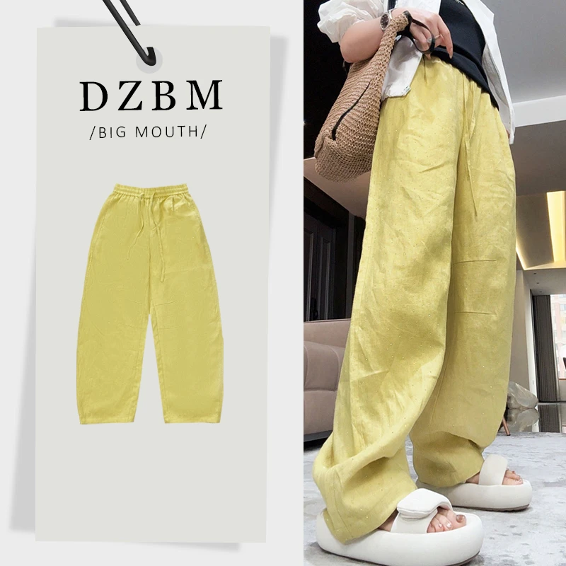 DZBM2025夏季新款重工烫钻百搭抽绳设计亚麻阔腿裤-K3985