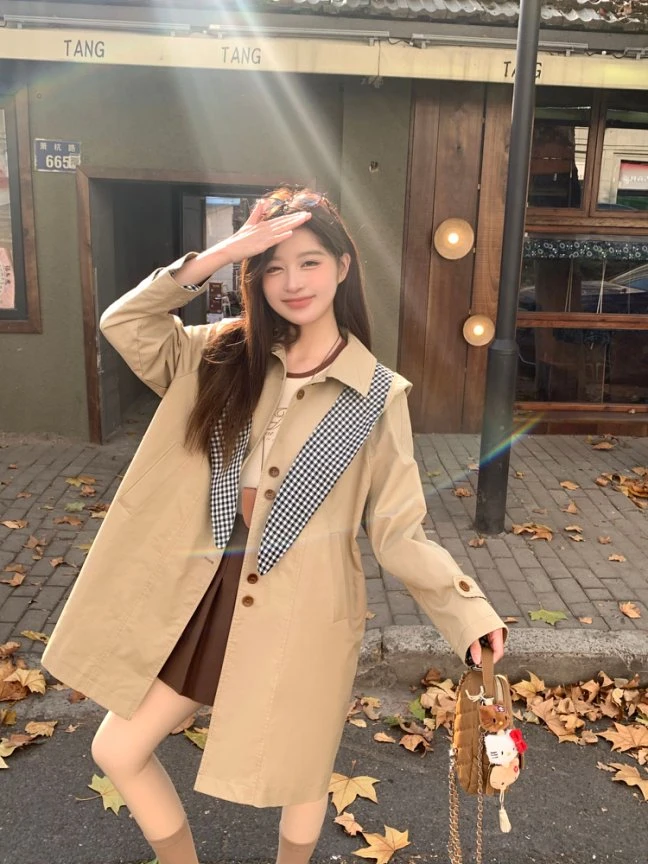 1161-1170拼接风衣秋装外套连帽韩版春季加绒加厚款英伦风翻领