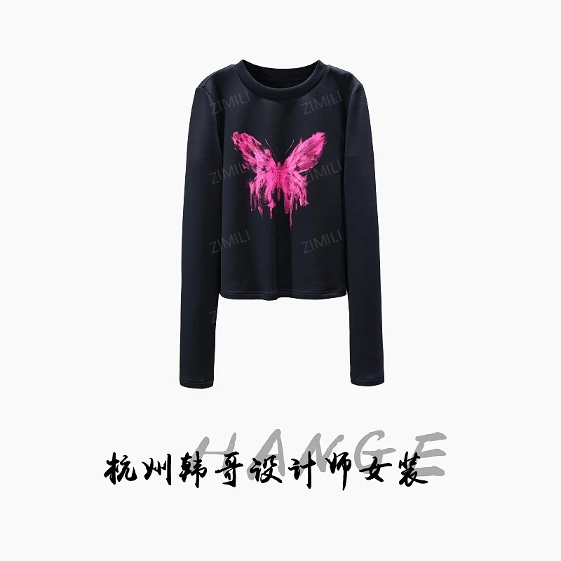 【韩哥女装】2025秋冬新品《玫粉蝶影》午夜黑蝴蝶印花打底衫1889-A1
