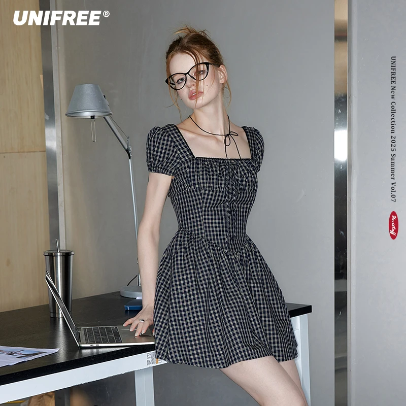 【25年夏】UNIFREE格子衬衫连衣裙方领高级气质收腰时尚别致裙子