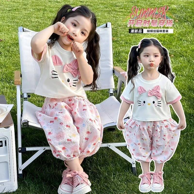 蝴蝶结防蚊裤卡通风薄款童装女套装韩版卡通夏季女孩套头