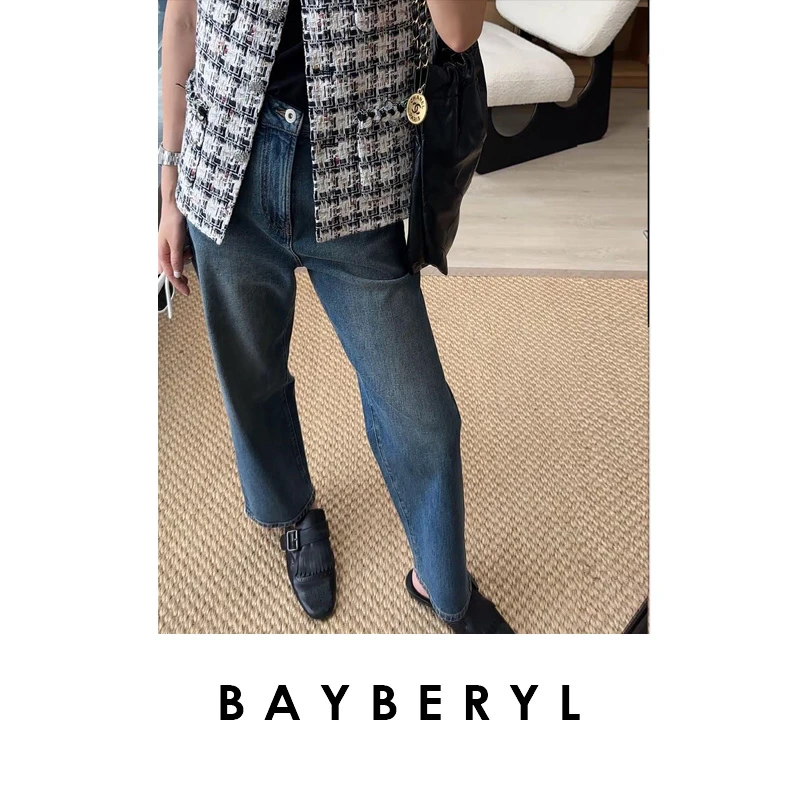 BAYBERYL老贝怀旧石磨洗白蓝复古九分秋直筒牛仔裤9NZK5H0522-