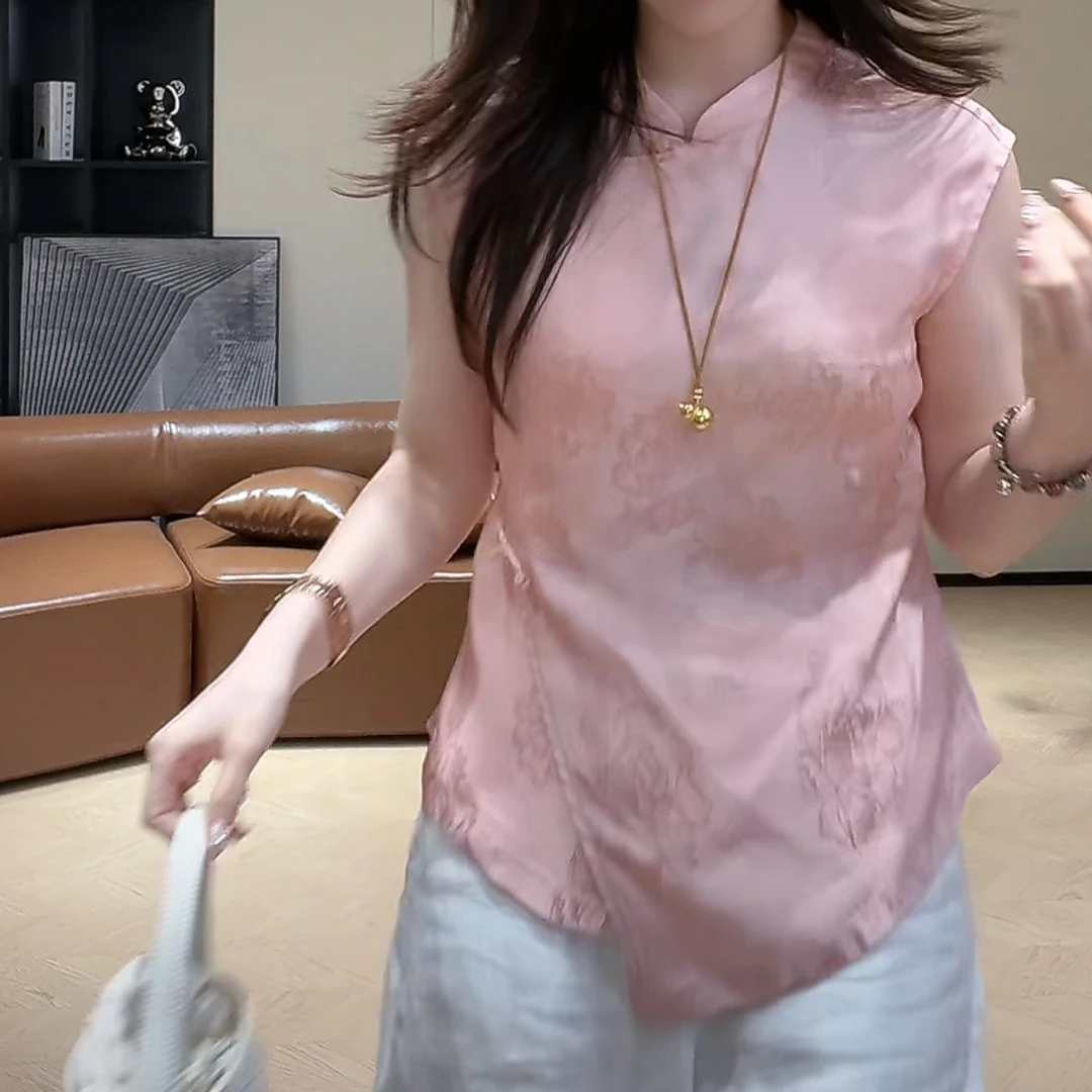 新中式提花不规则无袖立领上衣女2025夏季新款显瘦气质时尚上衣