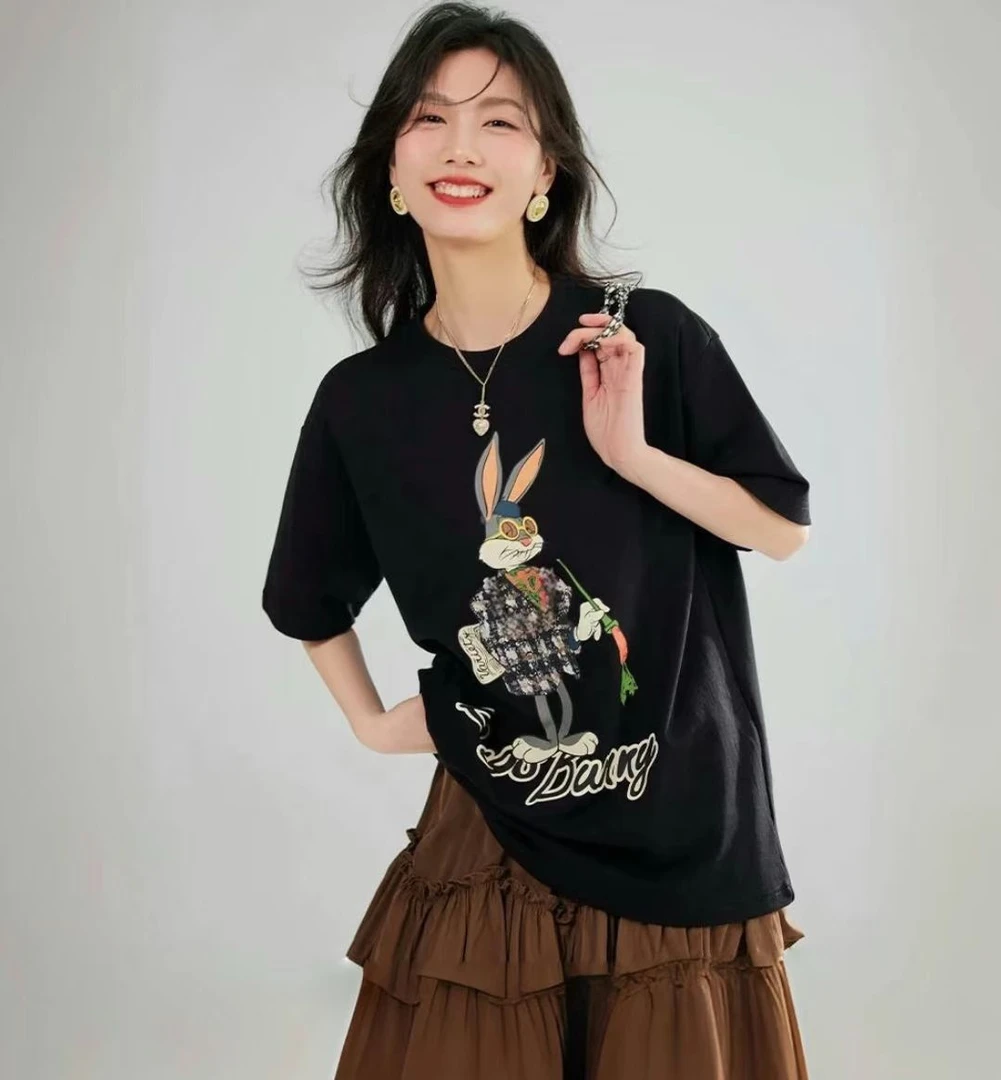 设计感不规则兔八哥印花T恤女显瘦圆领短袖(A7-14)31314