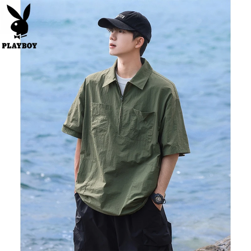 花花公子日系军绿色男短袖衬衫设计感冰丝尼龙速干拉链polo领工装