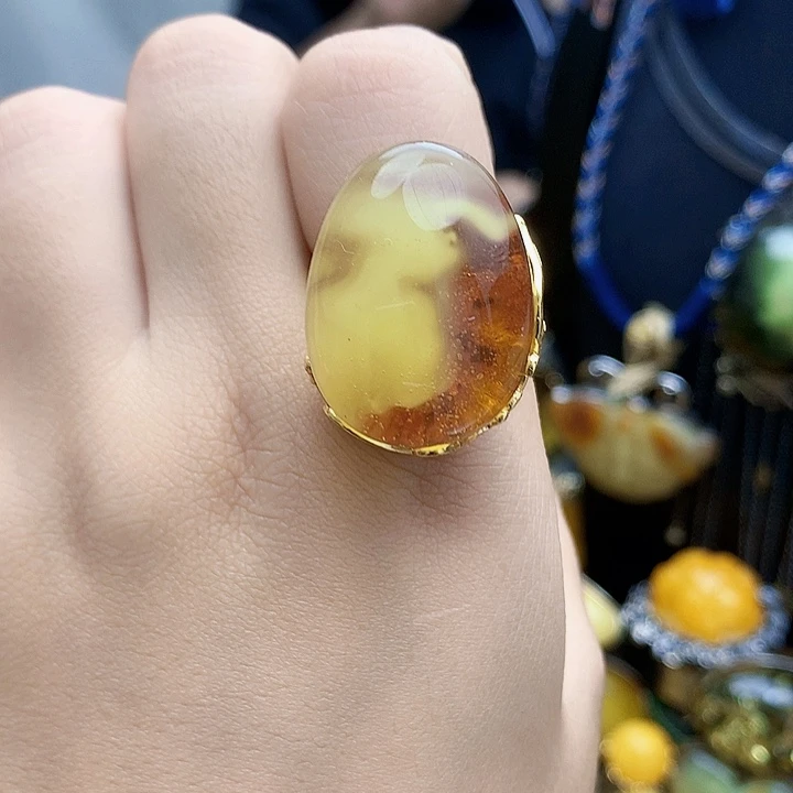 银S925镶嵌琥珀裸石戒指