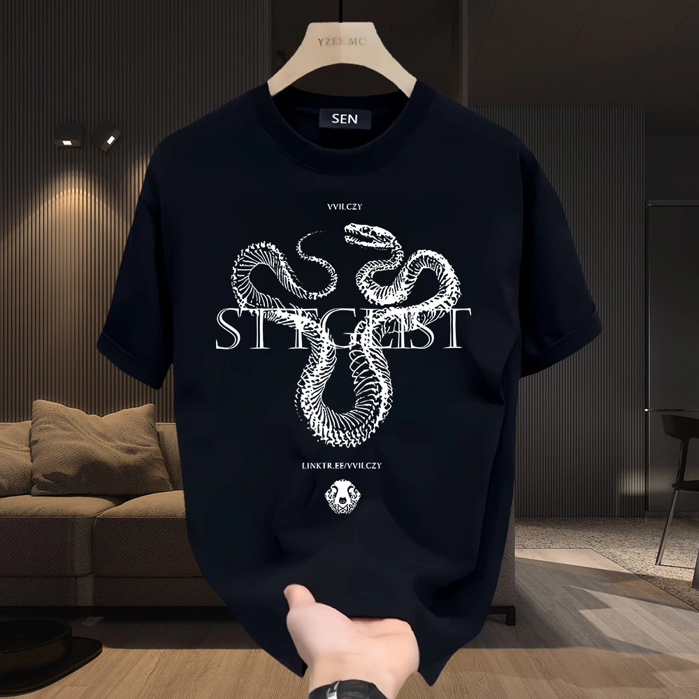 男士260克重磅纯棉短袖国风蛇年印花时尚透气T恤休闲百搭圆领短袖