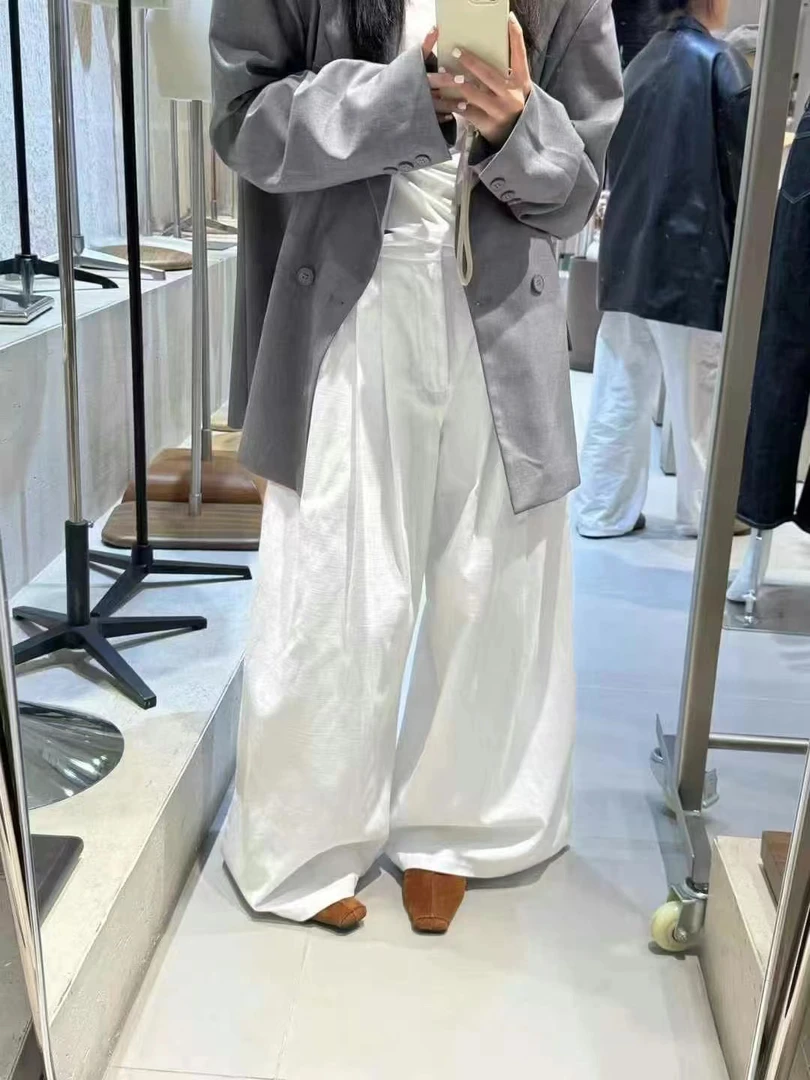 菜花 68809# 纹理褶皱松紧腰宽松阔腿休闲裤（101左右裤长）