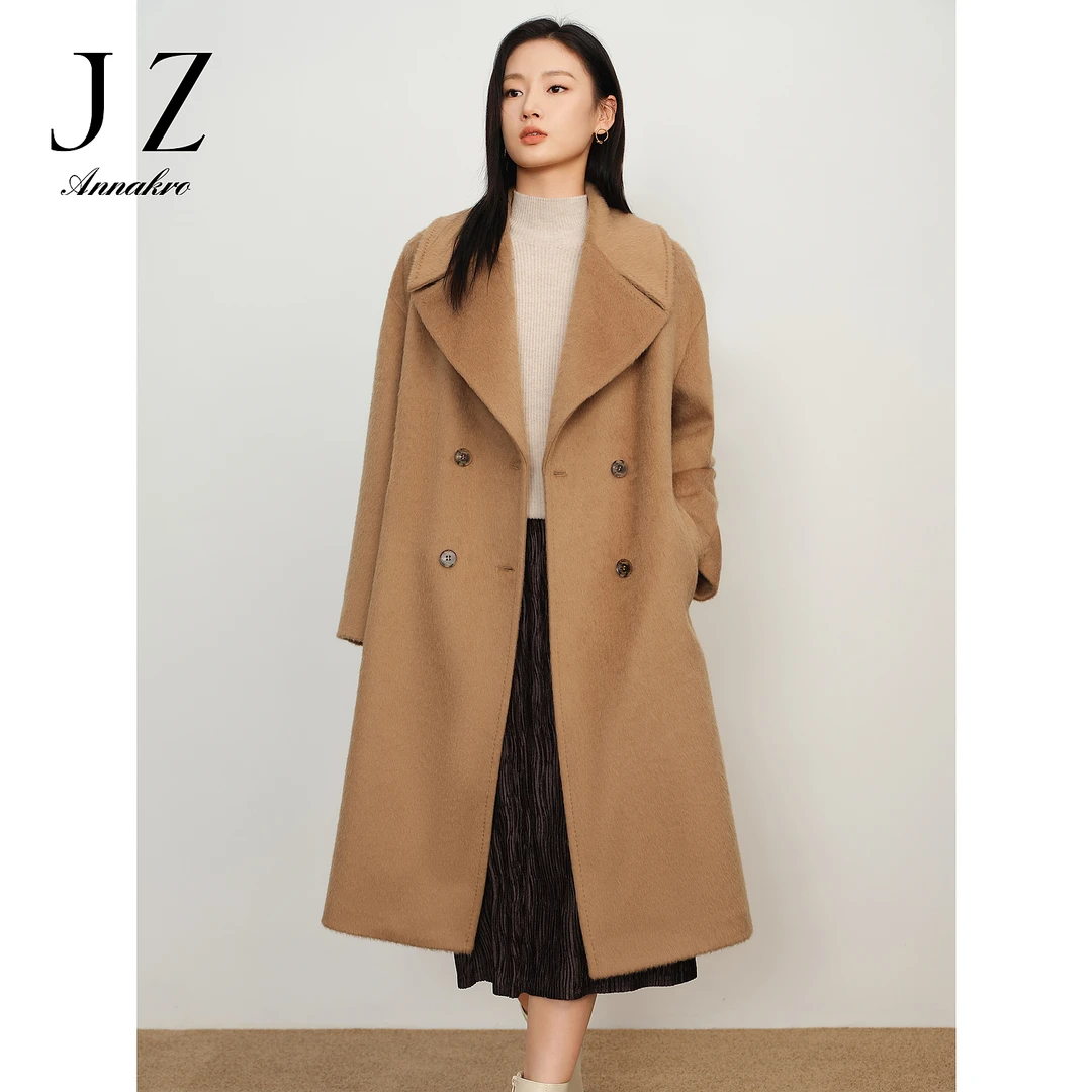 【婷婷专属】玖姿·安娜蔻JTDD72136长毛绒感双排扣落肩羊毛长大衣女