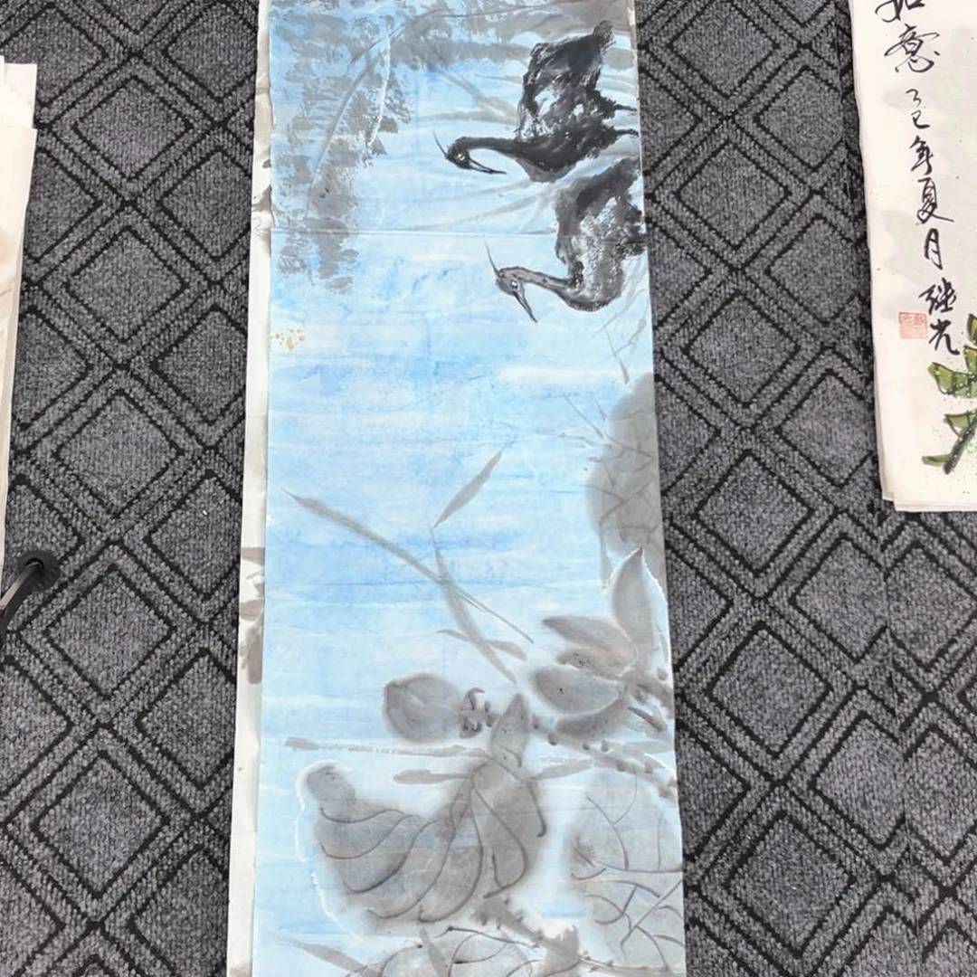 国画吴红老师四尺对开花鸟作品旭