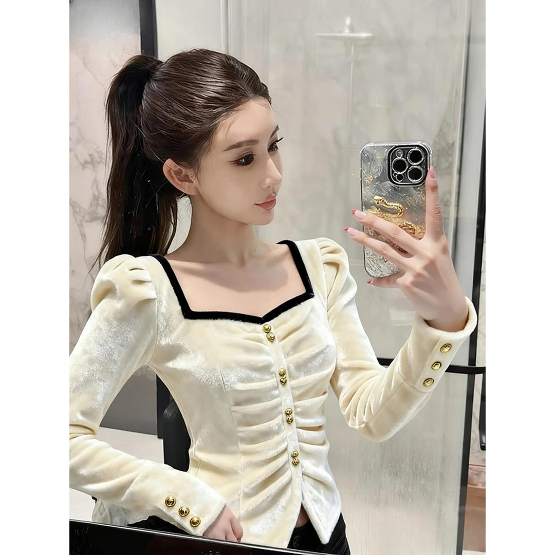 法式气质白色方领丝绒衬衫女2025秋冬新款高级感轻奢洋气减龄上衣