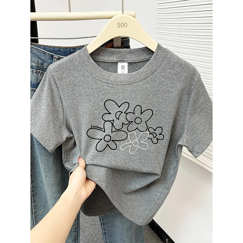 正肩洋气印花圆领短袖t恤女2025夏季新款大码胖mm百搭显瘦上衣服