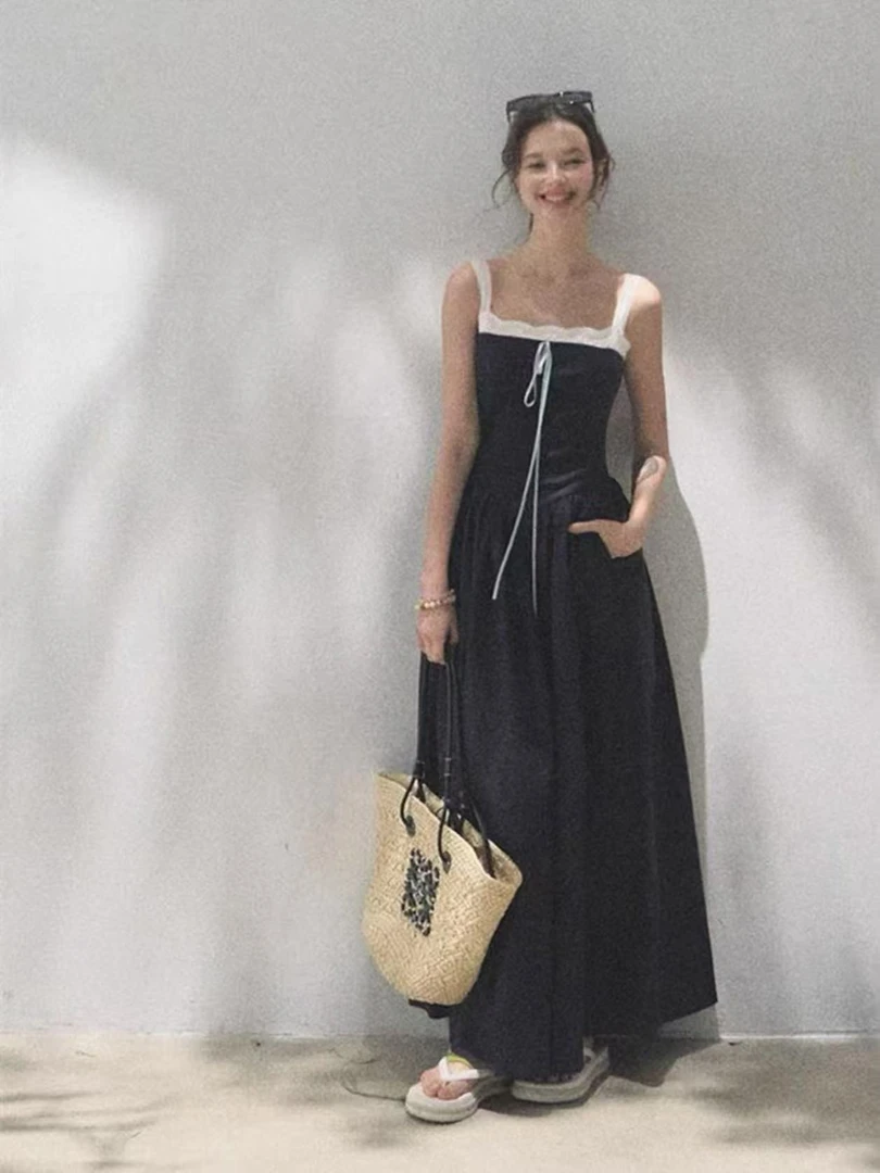 气质拼色显瘦吊带百搭时尚潮流夏季大码连衣裙6398